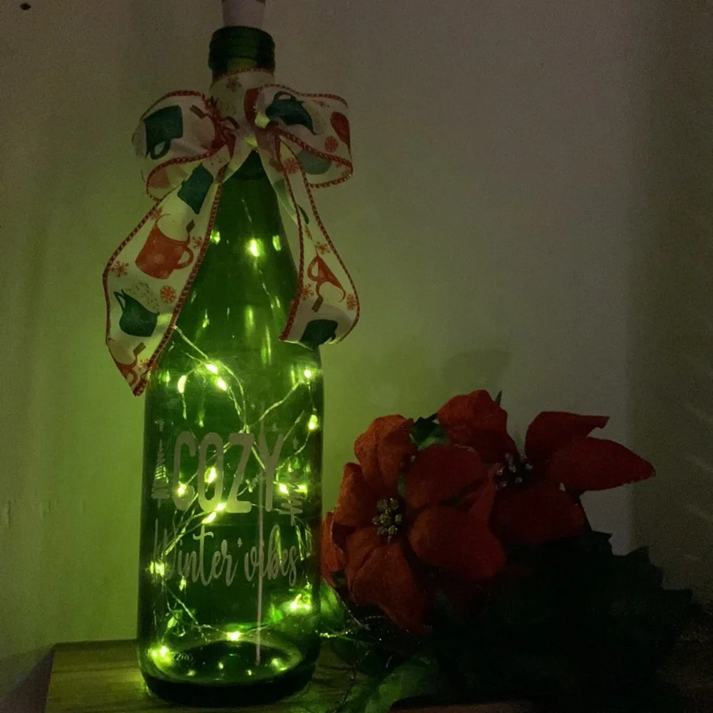 Hand Crafted- ‘Cozy Winter Vibes’ green wine bottle lantern